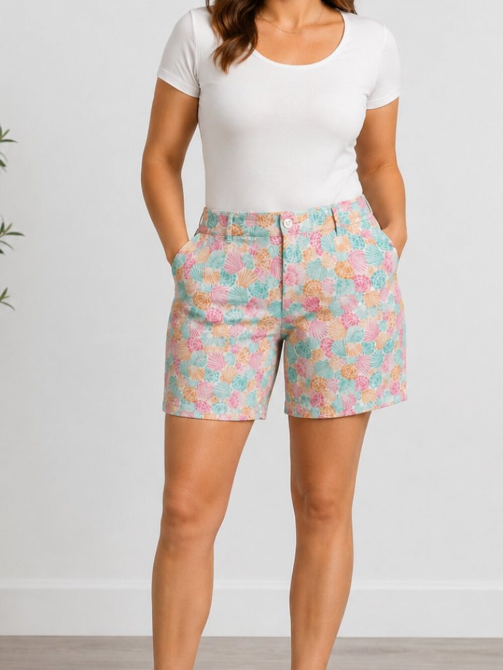 Talbots The Weekend Chino Shorts 14 Pastel Seashell Print Coastal Preppy Summer
